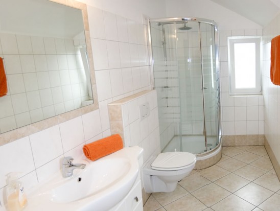 Badezimmer mit Dusche und WC im Appartement Rubin im Haus Diamant